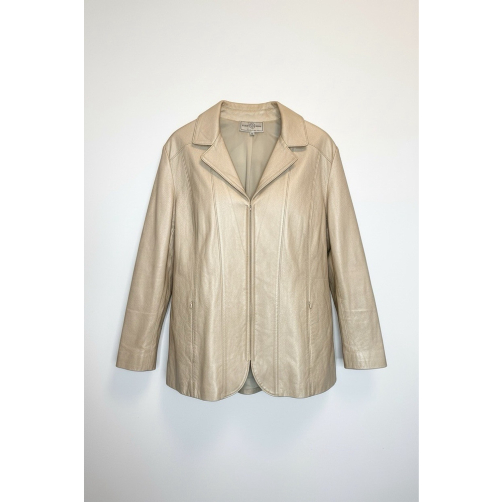 St John Sport‎ Marie Gray Pearlescent Beige Leather Zip Front Jacket Size Large